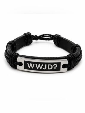 Unisex Black Leather Men's Bracelet with Stainless Steel WWJD Plate, New